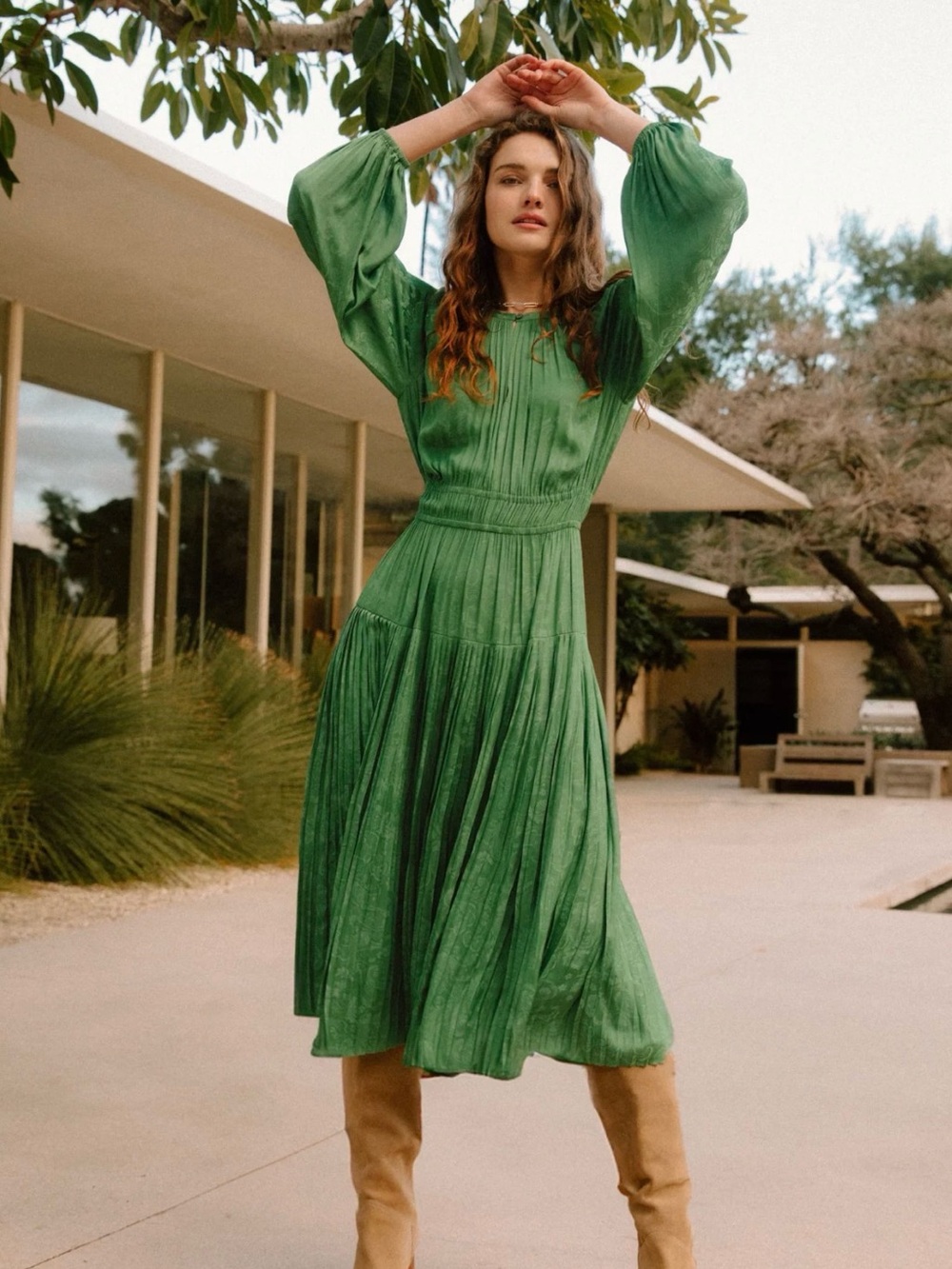Current Air Emerald Green Pleated Midi Dress Modest and Stylish for Divas :)